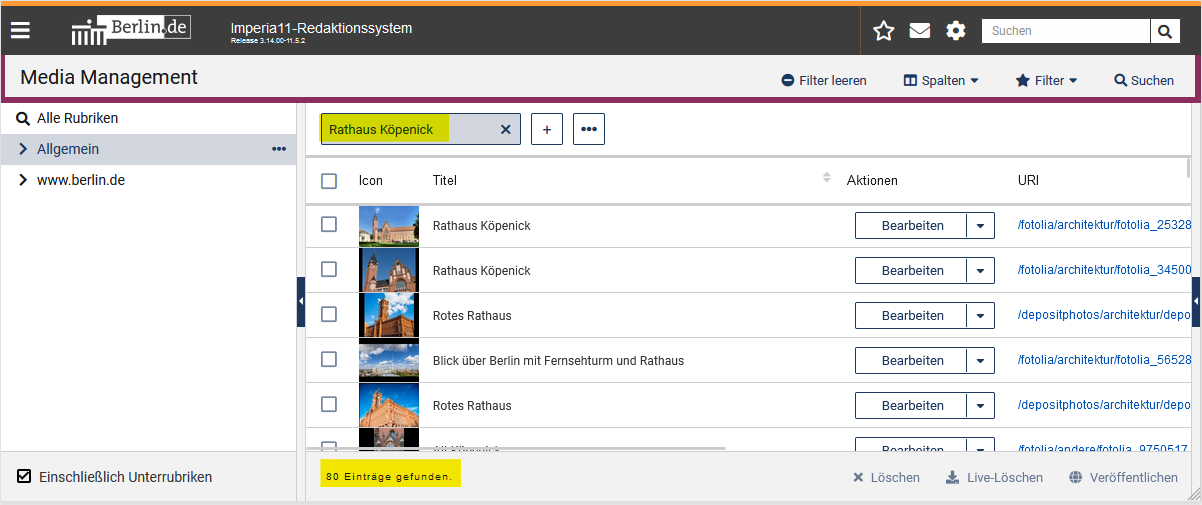 MAM mit Rubrikenbaum links und Assets rechts, über den Assets auf der linken Seite ist das Suchfeld für die Stichwortsuche zu sehen und befüllt mit "Rathaus Köpenick" (gelb markiert), darunter sind viele Ergebnisse zu sehen, die genaue Anzahl 80 Stück steht darunter und ist gelb markiert, nicht alle Ergebnisse passen, da bspw. auch das Rote Rathaus gefunden wurde