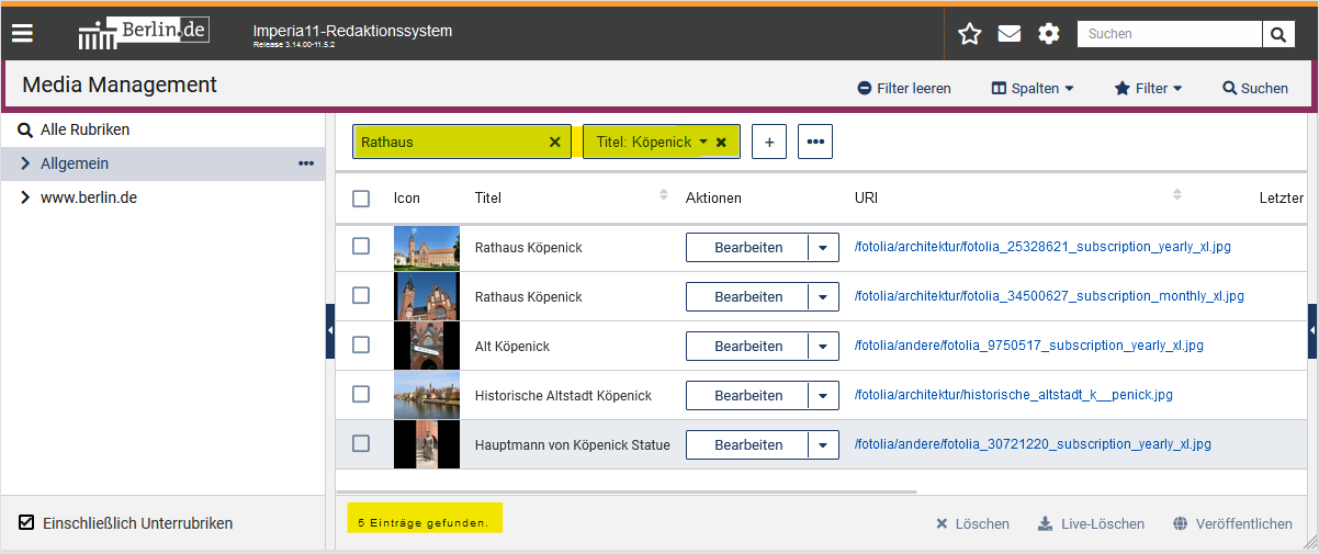 MAM mit Rubrikenbaum links und Assets rechts, über den Assets auf der linken Seite ist das Suchfeld für die Stichwortsuche zu sehen und befüllt mit "Rathaus" (gelb markiert), daneben ist das Suchfeld für den Titel zu sehen und befüllt mit "Köpenick", darunter sind 5 Ergebnisse zu sehen, die das Wort "Köpenick" im Titel haben, aber dort muss nicht mehr das Wort "Rathaus" stehen