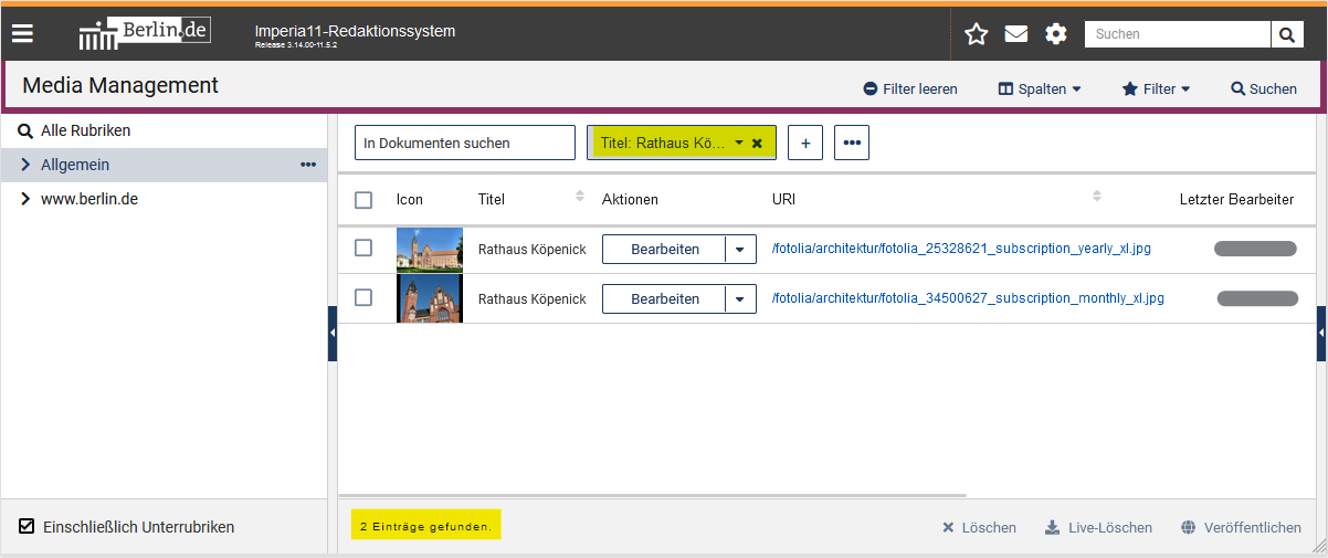 MAM mit Rubrikenbaum links und Assets rechts, über den Assets auf der linken Seite ist das Suchfeld für die Stichwortsuche leer zu sehen, daneben ist das Suchfeld für den Titel zu sehen und befüllt mit "Rathaus Köpenick", darunter sind 2 Ergebnisse zu sehen, die genau "Rathaus Köpenick" heißen