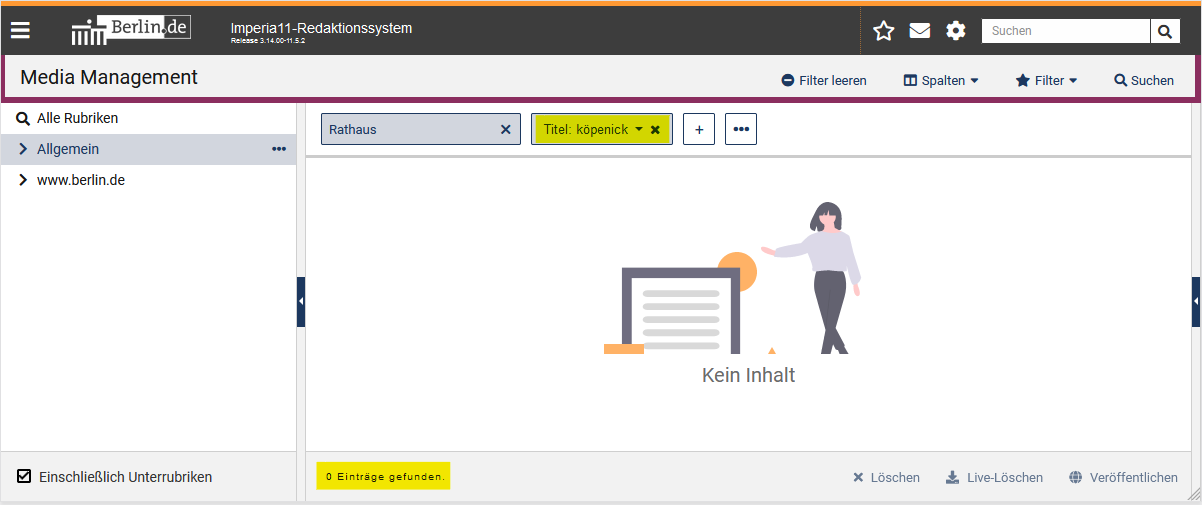 MAM mit Rubrikenbaum links und Assets rechts, über den Assets auf der linken Seite ist das Suchfeld für die Stichwortsuche zu sehen und befüllt mit "Rathaus", daneben ist das Feld für den Titel zu sehen und befüllt mit "köpenick" mit kleingeschriebenem K, darunter sind keine Ergebnisse zu sehen