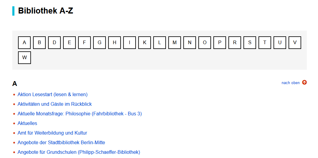 Ausschnitt einer Webseite, oben Buttons, jeweils mit einem Buchstaben des Alphabets von "A" bis "W" (mit Unterbrechnungen) beschriftet, unten der Buchstabe "A", gefolgt von einer Liste von Links die mit A beginnen.
