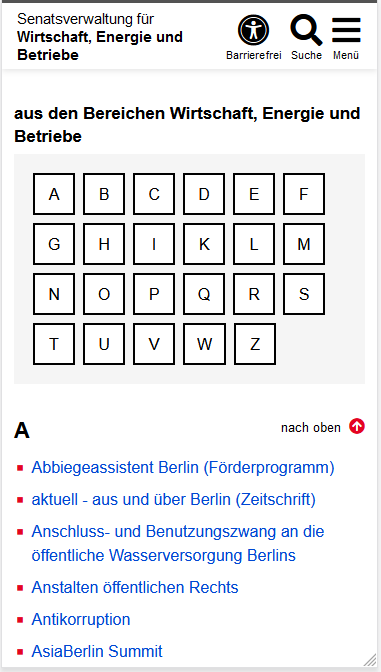 Ausschnitt einer Webseite, zu sehen ist ein Feld mit Buttons, die jeweils mit einem Buchstaben aus dem Alphabet von "A" bis "Z" (mit Unterbrechnungen) beschriftet sind. Darunter befindet sich eine Überschrift "A", auf die Links mit "A" am Anfang folgen, die alphabetisch geordnet sind.