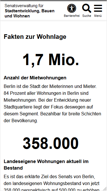 Zu sehen sind zwei Blöcke untereinander unter der Überschrift "Fakten zur Wohnlage", die Blöcke beginnen jeweils mit einer großen, schwarzen Zahl, darunter ist schwarzer Text zu sehen.