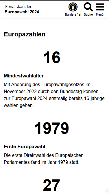 Zu sehen sind zwei Blöcke untereinander unter der Überschrift "Europazahlen", die Blöcke beginnen jeweils mit einer großen, schwarzen Zahl, darunter ist schwarzer Text zu sehen.