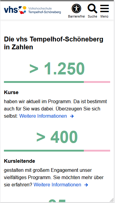 Zu sehen sind zwei Blöcke untereinander unter der Überschrift "Die vhs Tempelhof-Schöneberg in Zahlen", die Blöcke beginnen jeweils mit einer großen, grünen Zahl über einem Strich in Grün und Rosa, darunter sind schwarzer Text und ein Link zu sehen.