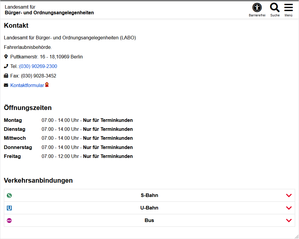 "DienstleistungsDB-Standortkontakt" mit der unveränderlichen Überschrift "Kontakt", darunter folgen die Angaben zum gewählten Standort. Als Erstes steht die Behörde, gefolgt vom Standort, den Adresse- und Kontaktdaten, Öffnungszeiten und den eingeklappten Verkehrsverbindungen.