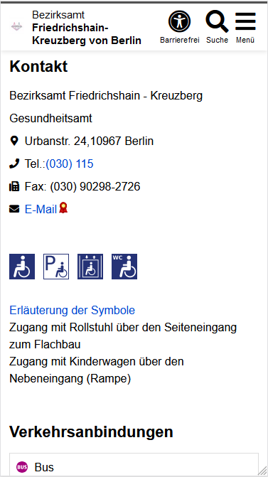 "DienstleistungsDB-Standortkontakt" mit der unveränderlichen Überschrift "Kontakt", darunter folgen die Angaben zum gewählten Standort. Als Erstes steht die Behörde, gefolgt vom Standort, Adresse- und Kontaktdaten, Icons zum barrierefreien Zugang, Erläuterungen zu den Icons und dem Anfang der Verkehrsverbindungen.