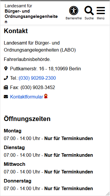 "DienstleistungsDB-Standortkontakt" mit der unveränderlichen Überschrift "Kontakt", darunter folgen die Angaben zum gewählten Standort. Als Erstes steht die Behörde, gefolgt vom Standort, den Adresse- und Kontaktdaten und den Öffnungszeiten.