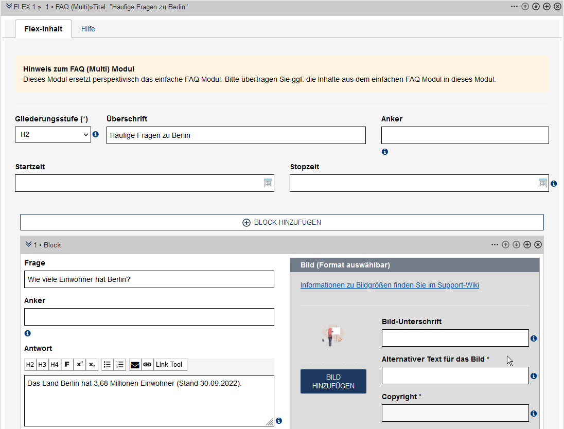 FAQ-Multi-Modul mit Überschrift "Häufige Fragen zu Berlin" und der Frage "Wie viele Einwohner hat Berlin?" sowie der entsprechenden Antwort. Es ist kein Bild hinterlegt.