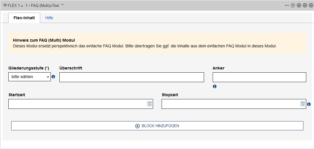 FAQ-Multi-Modul im Edit nach dem Einfügen in die Seite, es ist noch kein Block eingefügt