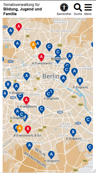 Beispiel des iFrame-Moduls in der mobilen Ansicht im Vertical Organisation. Die Google Karte von Berlin zeigt die Standorte der Billingualen Schulen. Diese sind über blaue, rote und orangene Pins gekennzeichnet.