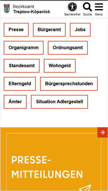 Beispiel der Link-Cloud auf der mobilen Seite des BA Treptow-Köpenick. Die verlinkten Stichworte sind von einem roten Rechteck umrahmt. Das Stichwort ist in schwarzer Schriftfarbe. 