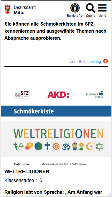 Mobile Seitenansicht mit mehreren Textteilen und Bildern, im oberen Drittel ein "Link nach oben" mit einer Linie über die ganze Breite, dem Linktext "zum Seitenanfang" und einem weißen Pfeil nach oben auf rotem Grund