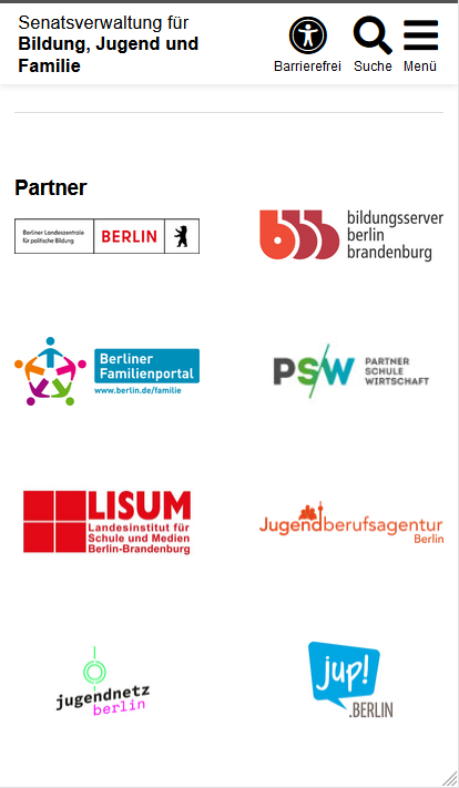 Die Logo-Galerie auf der Seite der SenBJF oberhalb des Footers in der mobilen Ansicht. Es sind Logos von 8 Partnern abgebildet, jeweils zwei nebeneinander.