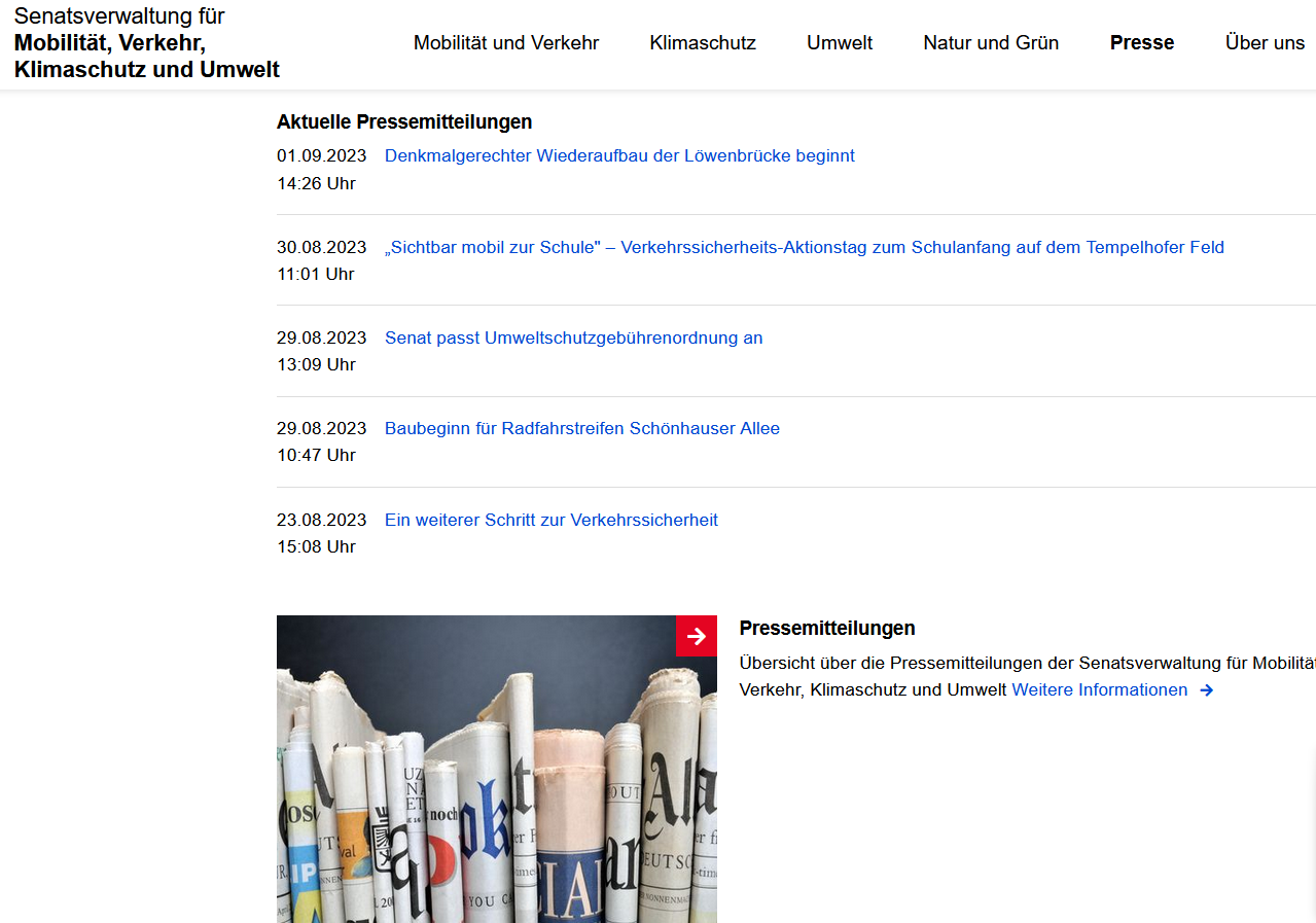 Auf dem Screenshot der Desktop-Ansicht sind eine RSS-Liste mit den aktuellen Pressemitteilungen der SenMVKU und ein kleines Bild mit gestapelten Zeitungen zu sehen, das auf eine Übersichtsseite mit allen Pressemeldungen verlinkt.