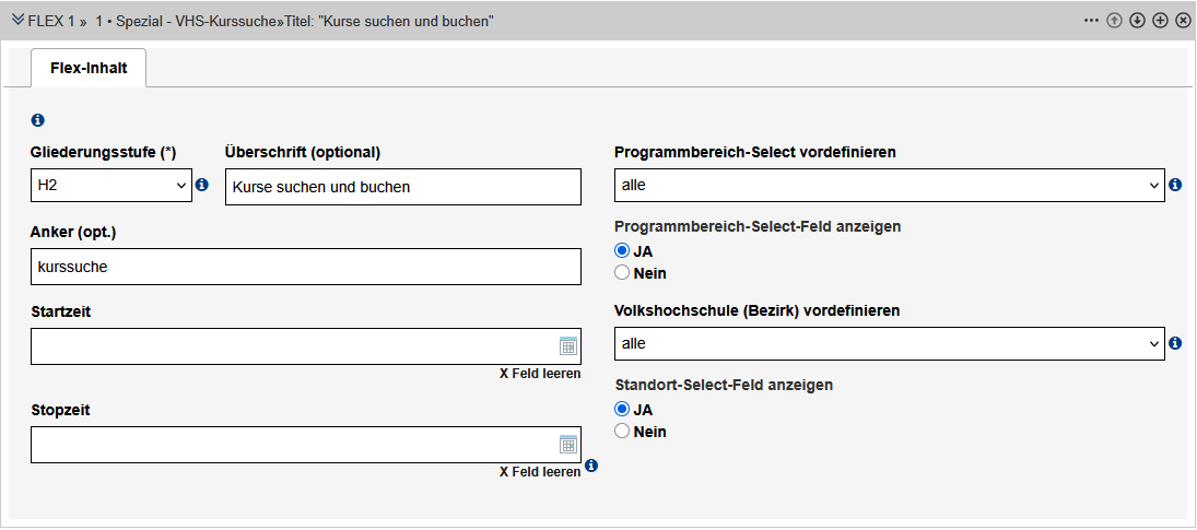 Formular zur Einrichtung der VHS-Kurssuche, die Felder sind oben im Text beschrieben