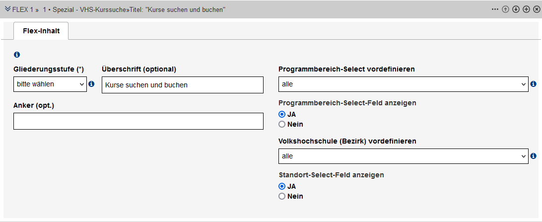 Formular zum Anlegen der VHS-Kurssuche, die Textfelder sind im Text erklärt.