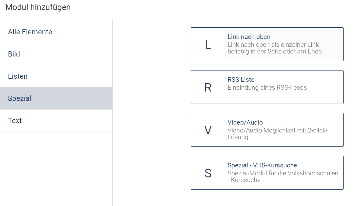 Es sind der Flex-Modul-Auswahldialog mit der Filterung "Spezial" auf der linken Seite und der Anzeige der Module inkl. "Spezial VHS-Kurssuche" rechts zu sehen