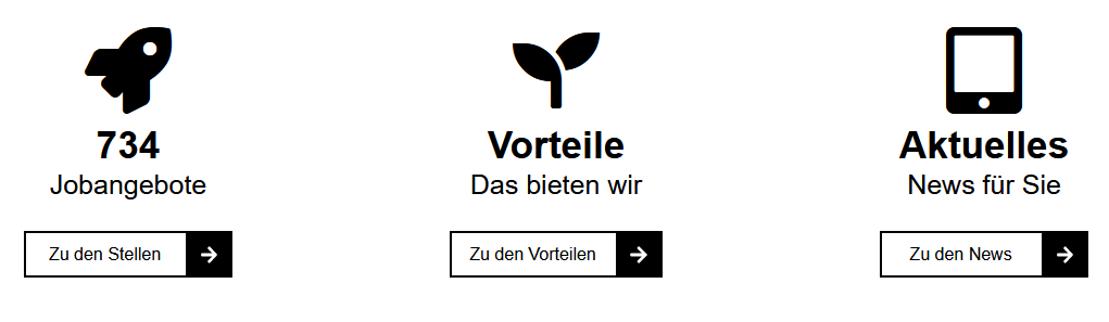 Topbox-Jobs in voller Breite: Icon mit Zahl der Jobangebote, daneben ein Icon mit der Beschriftung "Vorteile", daneben ein drittes Icon mit der Beschriftung "Aktuelles"