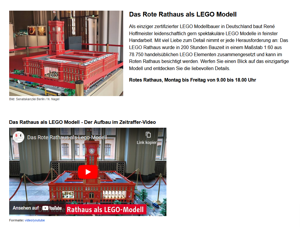 Auf dem Desktop-Screenshot der Webseite des Regierenden Bürgermeisters zum Thema Ausstellungen wird über das LEGO-Modell des Roten Rathauses berichtet. Die Ausstellung kann Montag bis Freitag von 09 Uhr bis 18 Uhr besucht werden. Das Video zeigt dabei den Aufbau des Modells im Zeitraffer. Auf dem Vorschaubild ist das Modell zu sehen. 