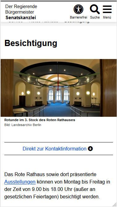 Hier wird mit Bild aus dem Gebäude über Besichtigungen im Roten Rathaus informiert. 