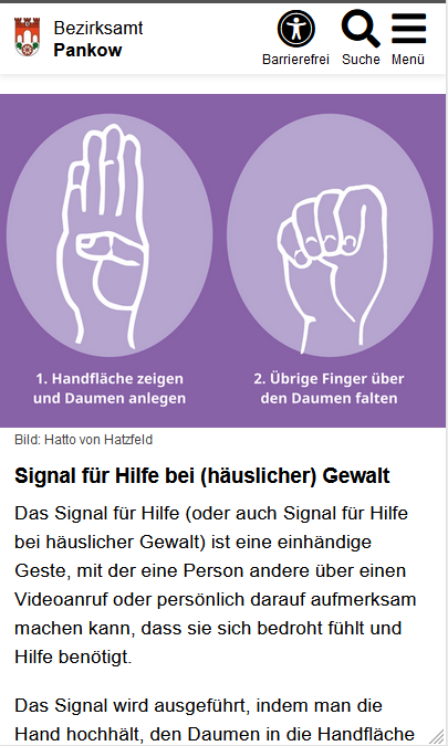 Es wird mit Bild und Text über das Handzeichen bei häuslicher Gewalt informiert.