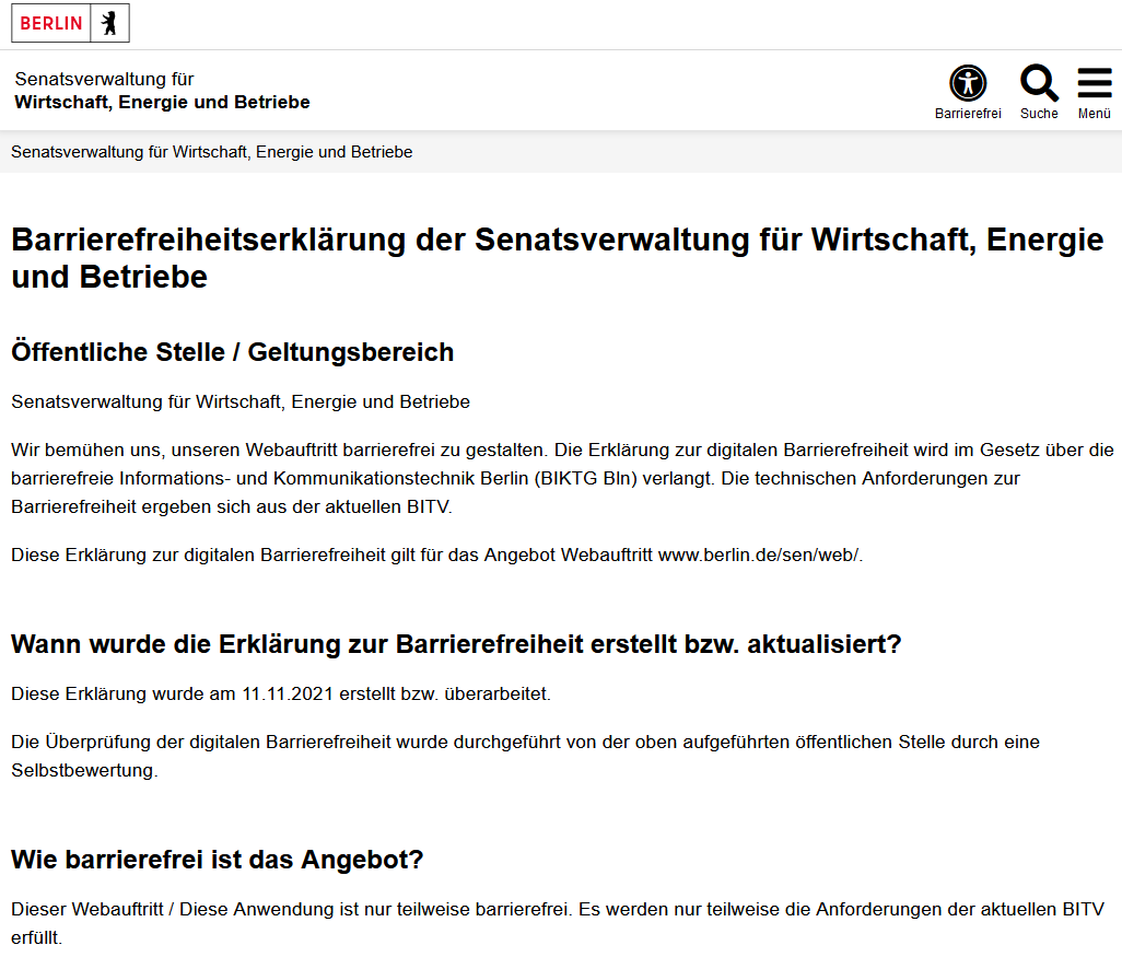 Die Barrierefreiheitserklärung im Vertical Organisation in der Desktop-Ansicht der Seite der SenWEB. 