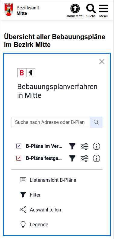 Ansicht der Suche und Filtereinstellungen für den Bebauungsplan, hier in blau der Rahmen des iFrames, innerhalb dessen die Bebauungspläne dargestellt werden.