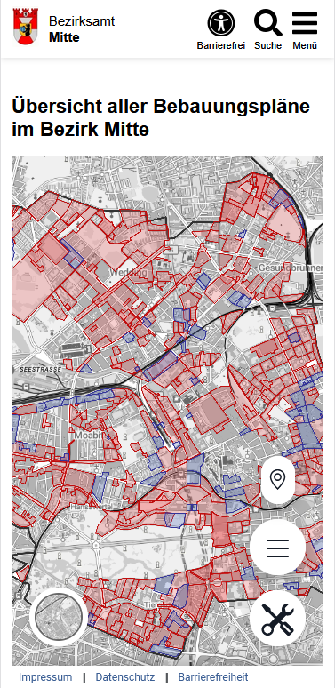 Stadtplan-Ansicht mit in rot und blau hervorgehobenen Bebauungsplänen, unten rechts ein Marker für Bereiche, ein Burger-Menuuü und ein Eigenschaftenmenü