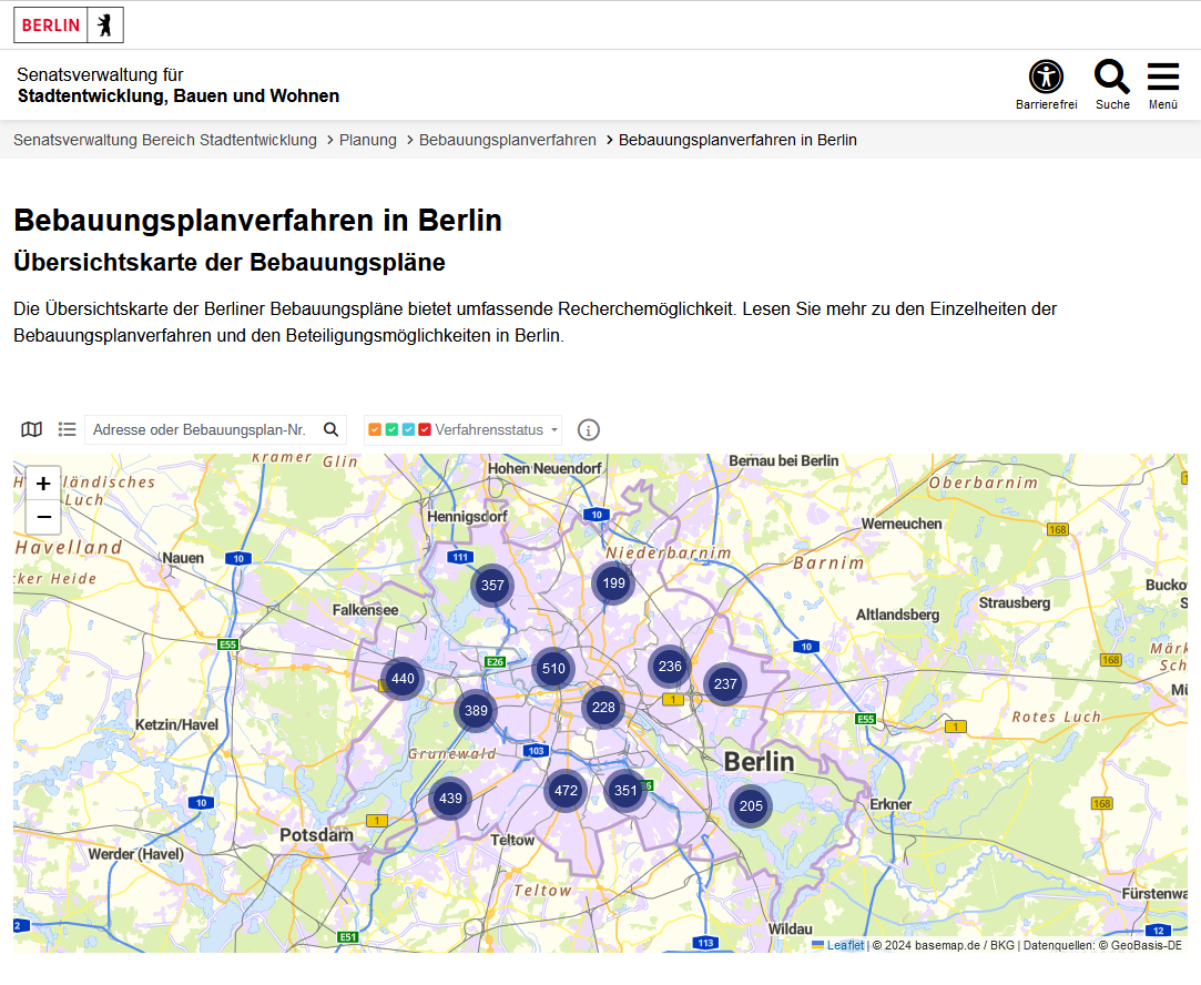 Übersichtskarte für die Berliner Bebauungspläne auf den Seiten der zuständigen Senatsverwaltung