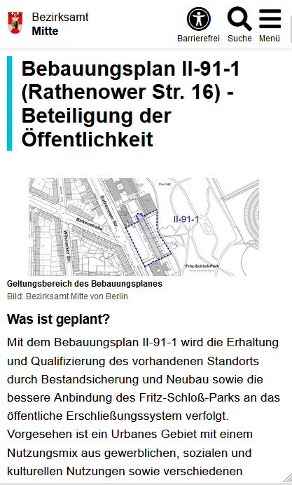 Der Bebauungsplan im Vertical Identität in der mobilen Ansicht der Seite des Bezirksamtes Mitte. Auf dem Kartenausschnitt von Berlin ist der Bereich des Bauprojekts dunkelblau-gepunktet umrandet. Die Karte ist in grau und weiß gehalten. Unterhalb der Karte ist der Bebauungsplan näher erläutert.