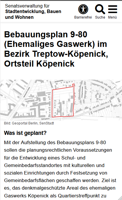 Der Bebauungsplan im Vertical Organisation in der mobilen Ansicht der Seite SenSBW. Auf dem Kartenausschnitt von Berlin ist der Bereich des Bauprojekts rot umrandet. Die Karte ist in grau und weiß gehalten. Unterhalb der Karte ist der Bebauungsplan näher erläutert.