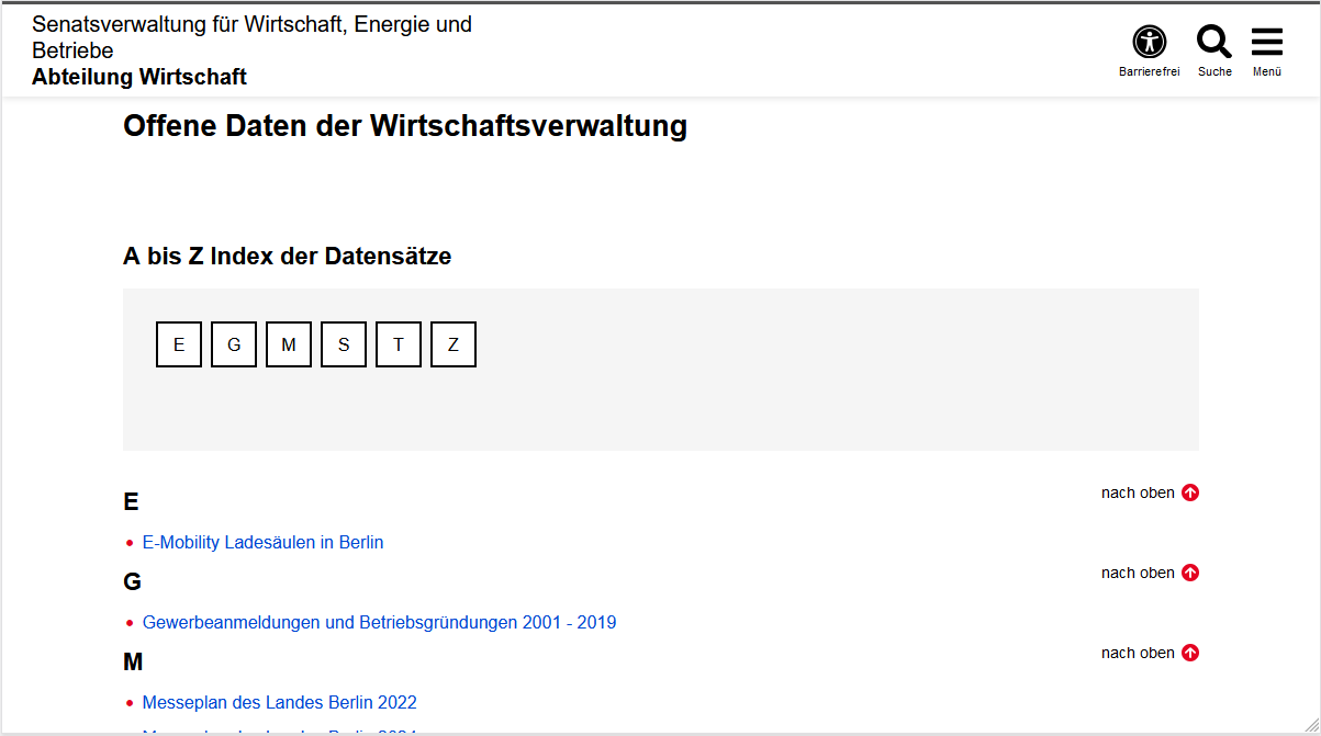 Datenrubrik-Startseite im Auftritt der SenWEB mit einer H1-Überschrift, der Überschrift "A-Z-Liste der Datenrubrik-Datensätze", einige Buchstaben als Buttons in einer grau hinterlegten Box, gefolgt von den ersten Einträgen der A-Z-Liste, jeweils unterteilt nach dem Anfangsbuchstaben.