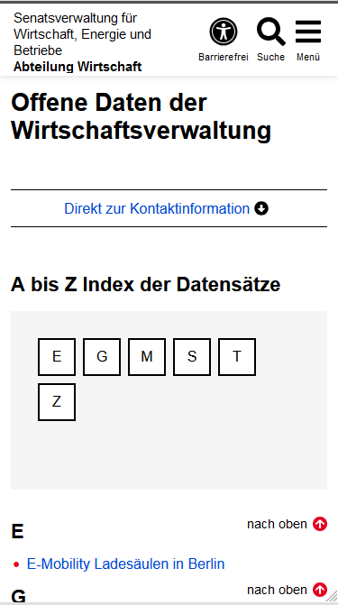 Datenrubrik-Startseite im Auftritt der SenWEB mit einer H1-Überschrift, einem Link zu den Kontaktinformationen, der Überschrift "A-Z-Liste der Datenrubrik-Datensätze", einige Buchstaben als Buttons in einer grau hinterlegten Box, gefolgt von den ersten Einträgen der A-Z-Liste, jeweils unterteilt nach dem Anfangsbuchstaben.