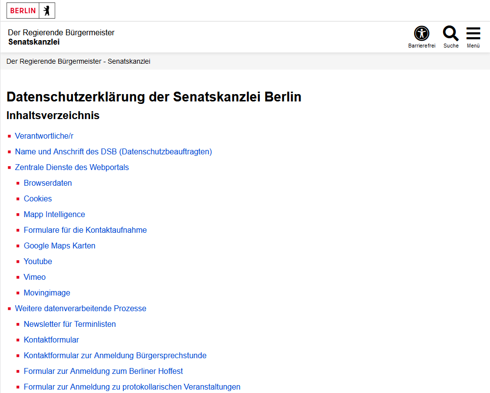 Man sieht die Überschrift und eine Liste von Links, die zu den verschiedenen Themen der Datenschutzerklärung führen.
