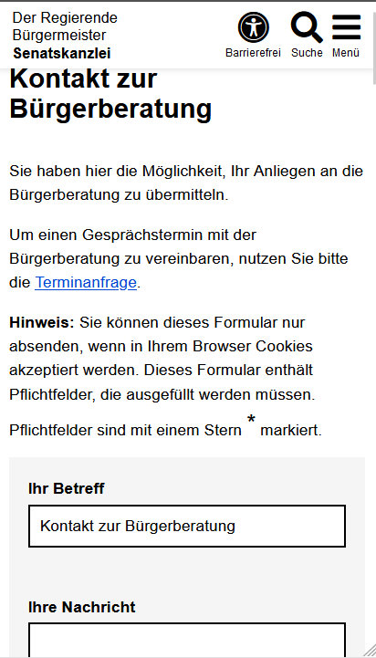 Mobile Ansicht eines Kontaktformulars mit Einleitungstext und Hinweisen, einem einzeiligen Textfeld für den Betreff und darunter sieht man noch den Anfang eines Textfeldes für die Nachricht