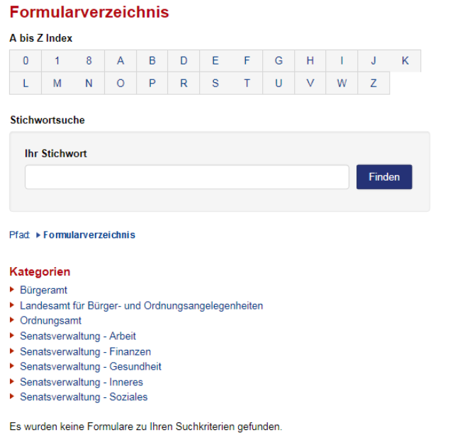 Ansicht eines Formularverzeichnisses mit A-Z-Liste und Suche in b-intern.de