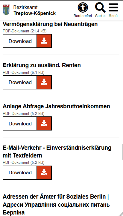 Abgebildet ist die mobile Ansicht einer Formularsammlung mit mehreren Downloadmodulen.