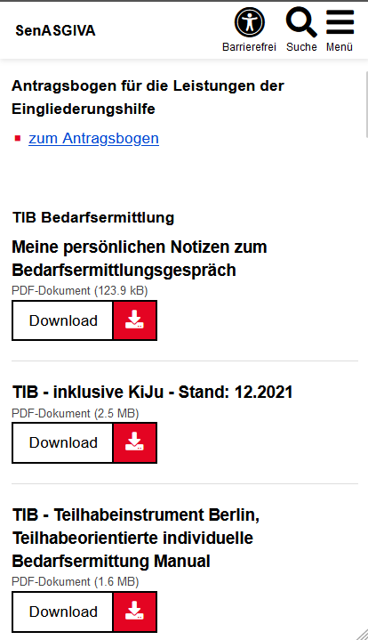 Abgebildet ist die mobile Ansicht einer Formularsammlung mit mehreren Downloadmodulen.