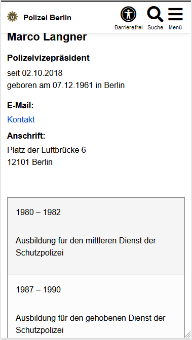 Lebenslauf: wie voriges, aber jetzt auf der Position des ersten Textes, zu sehen sind Basisdaten und beginn der zweispaltigen Liste mit Karrieredaten