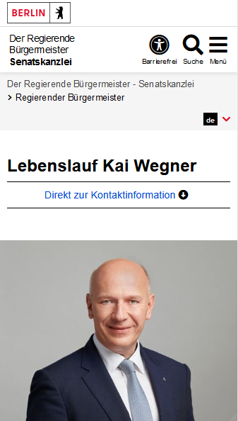 Zu sehen ist eine Lebenslaufseite mit einem Sprachumschalter, einem Link zu den Kontaktinformationen und einem Bild.