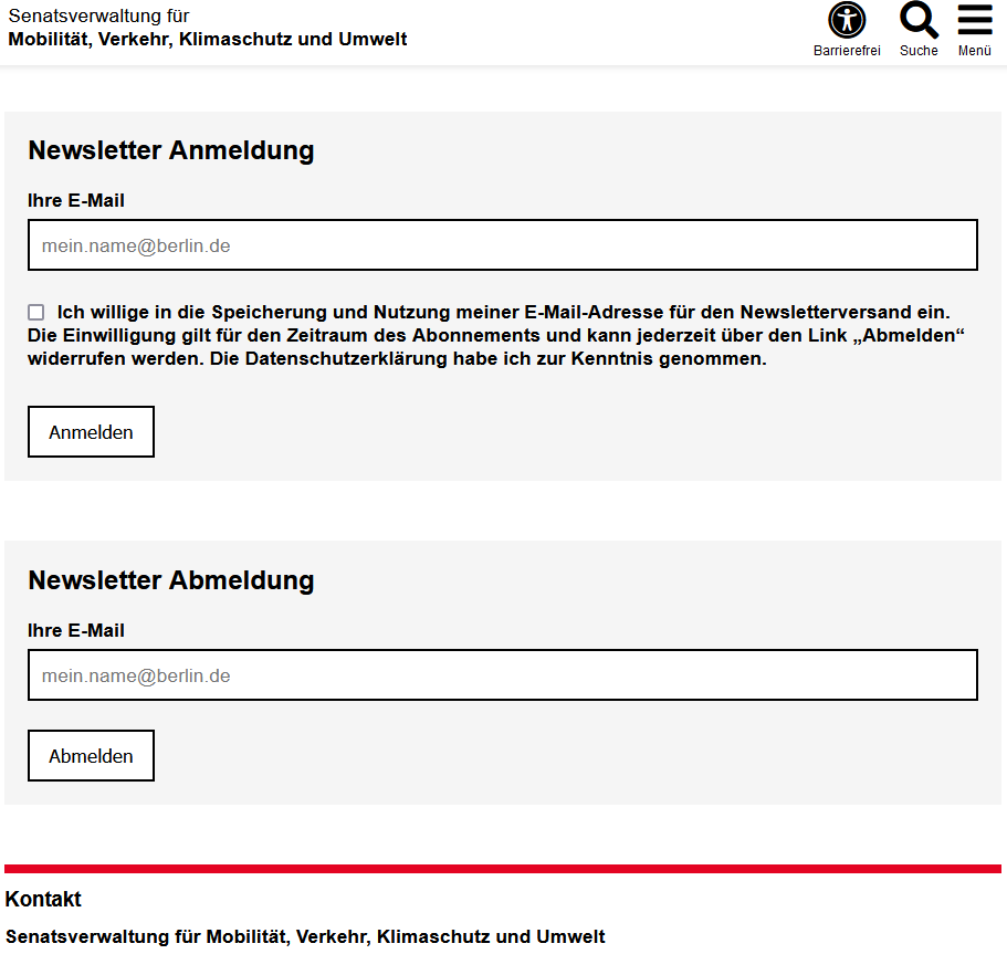 Beispiel der Newsletter Übersichtsseite in der Desktop-Ansicht. Newsletter-Anmelde- und Abmeldemaske des Newsletter zur Eingabe der E-Mail-Adresse inklusive Zustimmung zur Datenschuterklärung.