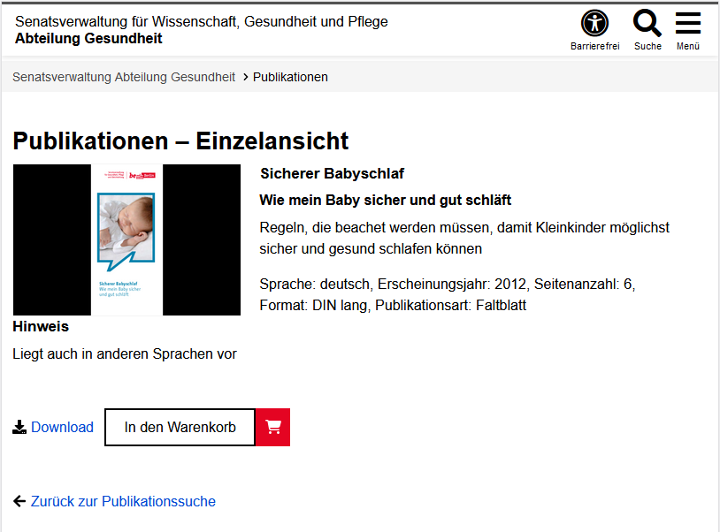 Detailseite der Publikationsdatenbank mit der Überschrift "Publikationen - Einzelansicht". Zuerst wird links ein Bild der Publikation angezeigt, rechts davon stehen der Titel sowie einigen Informationen. Unter dem Bild ist ein Hinweis zur Publikation sichtbar. Darunter befinden sich links ein Link "Download" und rechts davon ein Button "In den Warenkorb". Abschließend ist ein Link "Zurück zur Publikationssuche" zu sehen.