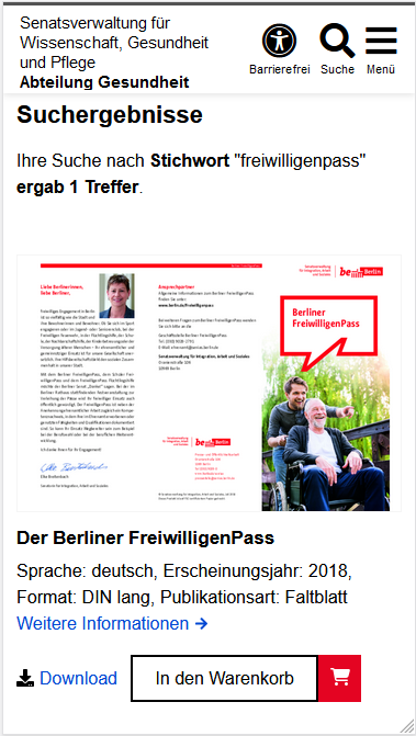 Suchergebnisse als Ausschnitt der Publikationsdatenbank mit der Überschrift "Suchergebnisse". Es folgt ein Satz mit der Anzeige der gewählten Suchoptionen und der Anzahl der Suchergebnisse. Als Ergebnis der Suche wir zuerst ein Bild der Publikation gefolgt vom Titel, einigen Informationen sowie einem "Weitere Informationen" Link angezeigt. Darunter befindet sich links ein Link "Download" und rechts davon ein Button "In den Warenkorb".