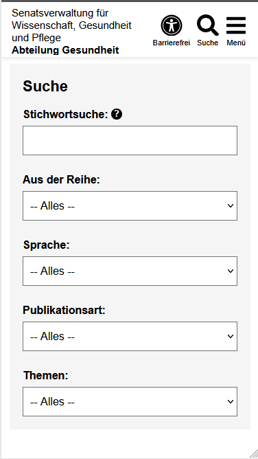 Die Suchmaske der Publikationsdatenbank beginnend mit der Seitenüberschrift ist zu sehen. Danach wird ein Link "Warenkorb ansehen" mit einem Warenkorb-Symbol und der Zahl "0" angezeigt. Es folgt ein grau hinterlegter Bereich mit den Suchfeldern und der Überschrift "Suche". Als Suchfelder sind ein Eingabefeld "Stichwortsuche" sowie einige Auswahlfelder zu sehen.