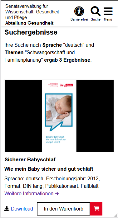 Suchergebnisse als Ausschnitt der Publikationsdatenbank mit der Überschrift "Suchergebnisse". Es folgt ein Satz mit der Anzeige der gewählten Suchoptionen und der Anzahl der Suchergebnisse. Als Ergebnis der Suche wird zuerst ein Bild der Publikation, gefolgt vom Titel, einigen Informationen sowie einem "Weitere Informationen"-Link angezeigt. Darunter befinden sich links ein Link "Download" und rechts davon ein Button "In den Warenkorb".