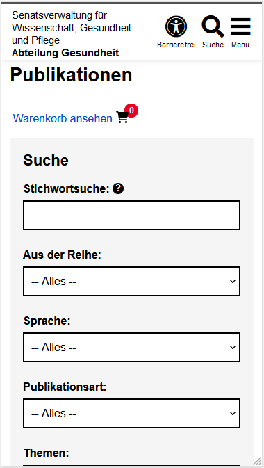 Die Suchmaske der Publikationsdatenbank beginnend mit der Seitenüberschrift ist zu sehen. Danach wird ein Link "Warenkorb ansehen" mit einem Warenkorb-Symbol und der Zahl "0" angezeigt. Es folgt ein grau hinterlegter Bereich mit den Suchfeldern und der Überschrift "Suche". Als Suchfelder sind ein Eingabefeld "Stichwortsuche" sowie einige Auswahlfelder zu sehen.