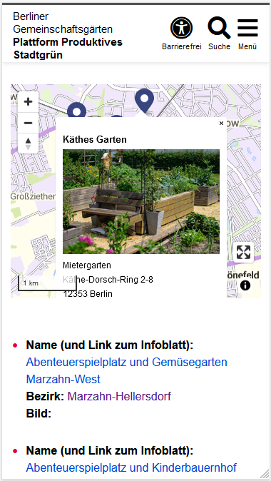 Suchergebnisse als Ausschnitt der SimpleSearch beginnend mit der Karte mit einigen Markern. Ein Marker-Pop-Up ist zu sehen, wo eine Überschrift, ein Bild und ein kurzer Text mit der Adresse zu sehen sind. Unter der Karte ist ein Teil der Ergebnisliste mit den ersten Suchergebnissen zu sehen. Die Ergebnisliste besteht aus einem Listenpunkt je Ergebnis, welches in Fettdruck den Namen der Spalte, gefolgt von einem Doppelpunkt und dem Inhalt der Spalte des jeweiligen Datensatzes anzeigt.