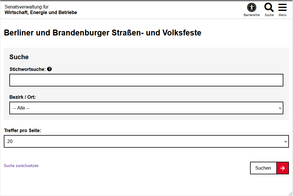 Suchmaske der SimpleSearch in der Desktop-Darstellung. Nach der Seitenüberschrift ist ein grau hinterlegter Bereich mit der Suchmaske zu sehen. Als Erstes steht die feste Überschrift "Suche", danach folgt ein Eingabefeld für eine Stichwortsuche und ein Auswahlfeld für den Bezirk. Unter der Suchmaske befindet sich ein Auswahlfeld für die Treffer pro Seite mit dem Standardwert "20". Abschließend befindet sich links ein Textlink "Suche zurücksetzen" und rechts ein größerer Button "Suchen".