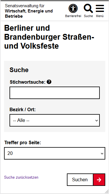 Suchmaske der SimpleSearch in der mobilen Darstellung. Nach der Seitenüberschrift ist ein grau hinterlegter Bereich mit der Suchmaske zu sehen. Als Erstes steht die feste Überschrift "Suche", danach folgt ein Eingabefeld für eine Stichwortsuche und ein Auswahlfeld für den Bezirk. Unter der Suchmaske befindet sich ein Auswahlfeld für die Treffer pro Seite mit dem Standardwert "20". Abschließend befindet sich links ein Textlink "Suche zurücksetzen" und rechts ein größerer Button "Suchen".